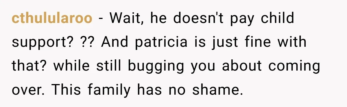 cthulularoo − Wait, he doesn't pay child support? ?? And patricia is just fine with that? while still bugging you about coming over. This family has no shame.