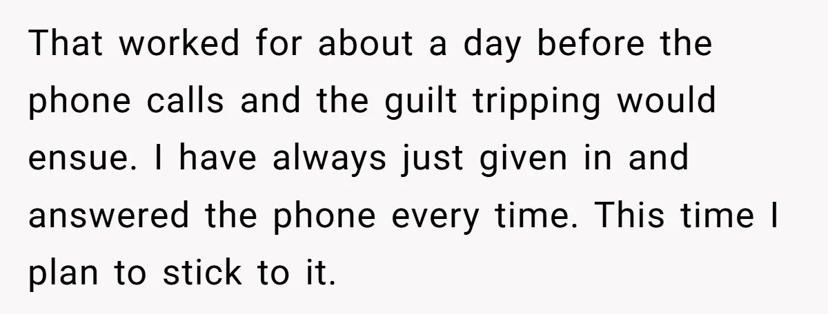 That worked for about a day before the phone calls and the guilt tripping would ensue. I have always just given in and answered the phone every time. This time...