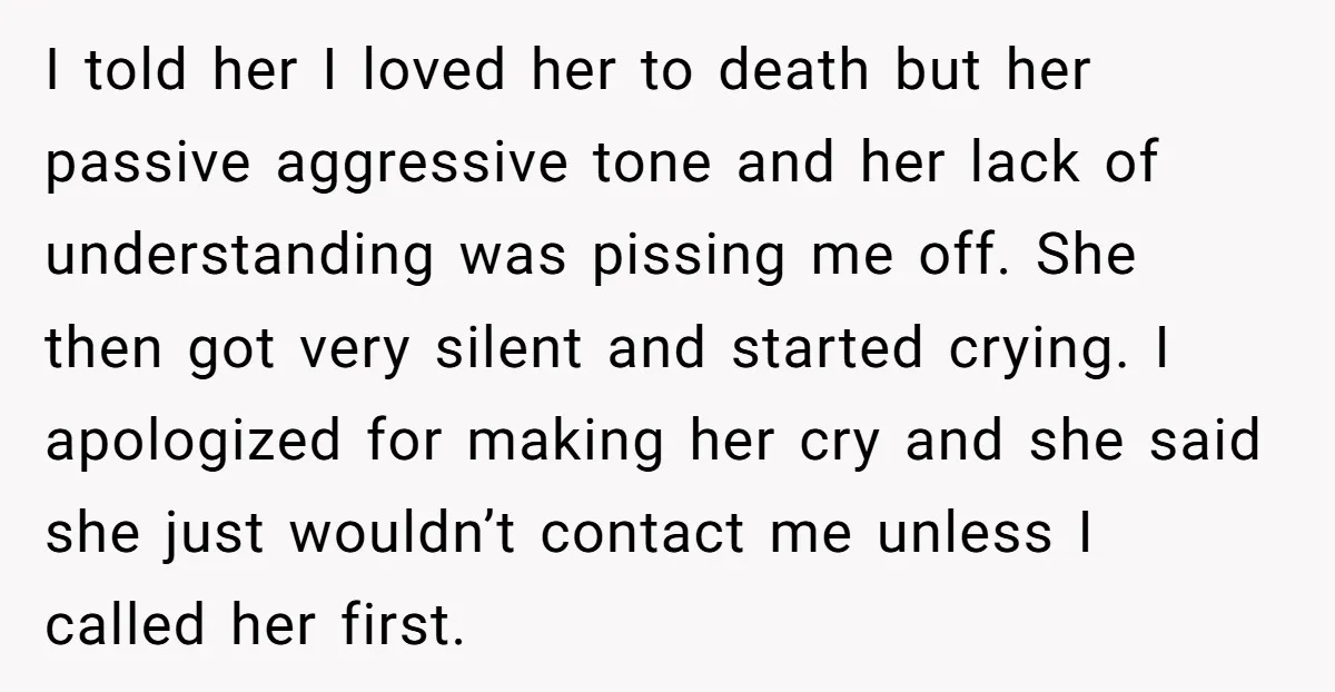 I told her I loved her to death but her passive aggressive tone and her lack of understanding was pissing me off. She then got very silent and started crying....