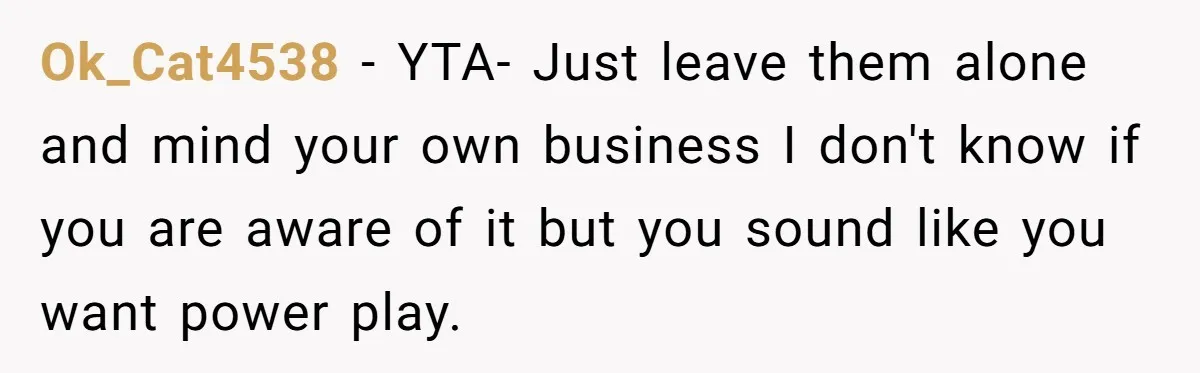Ok_Cat4538 − YTA- Just leave them alone and mind your own business I don't know if you are aware of it but you sound like you want power play.