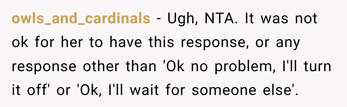 owls_and_cardinals − Ugh, NTA. It was not ok for her to have this response, or any response other than 'Ok no problem, I'll turn it off' or 'Ok, I'll wait...