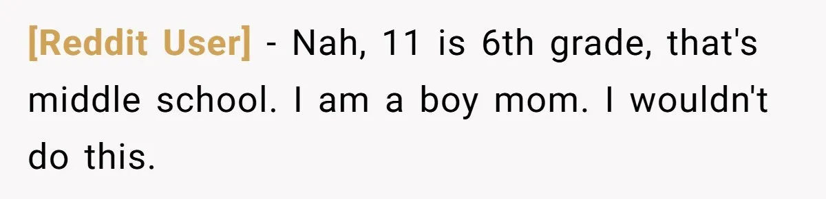 [Reddit User] − Nah, 11 is 6th grade, that's middle school. I am a boy mom. I wouldn't do this.