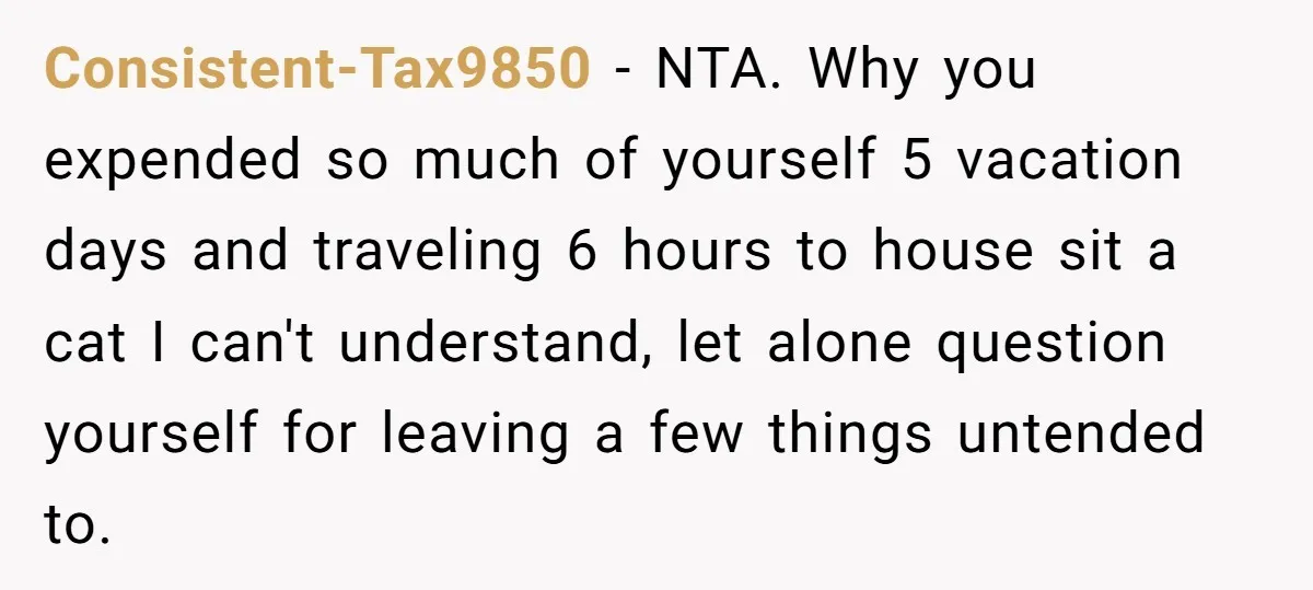 Consistent-Tax9850 − NTA. Why you expended so much of yourself 5 vacation days and traveling 6 hours to house sit a cat I can't understand, let alone question yourself for...
