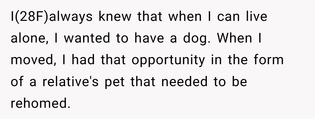 I(28F)always knew that when I can live alone, I wanted to have a dog. When I moved, I had that opportunity in the form of a relative's pet that needed...
