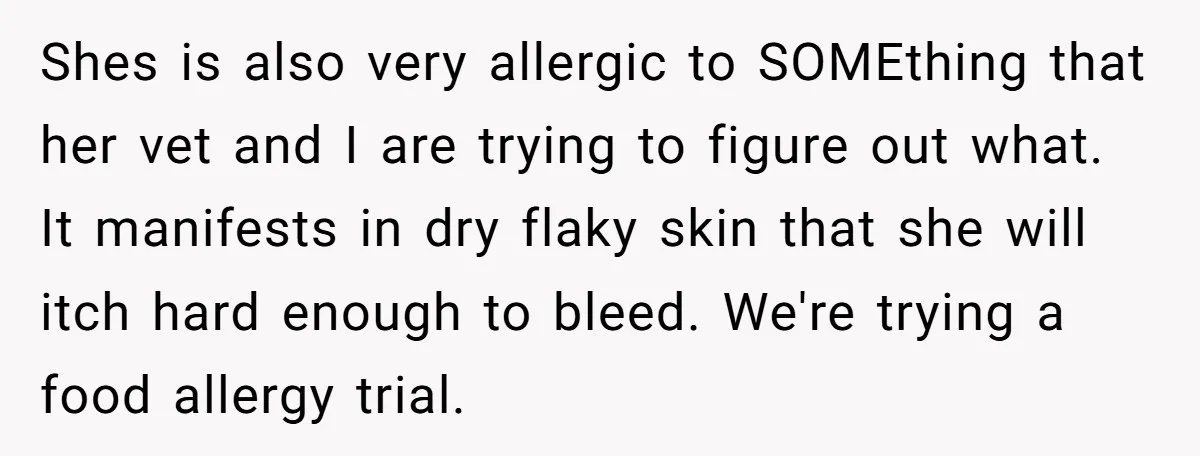 Shes is also very allergic to SOMEthing that her vet and I are trying to figure out what. It manifests in dry flaky skin that she will itch hard enough...
