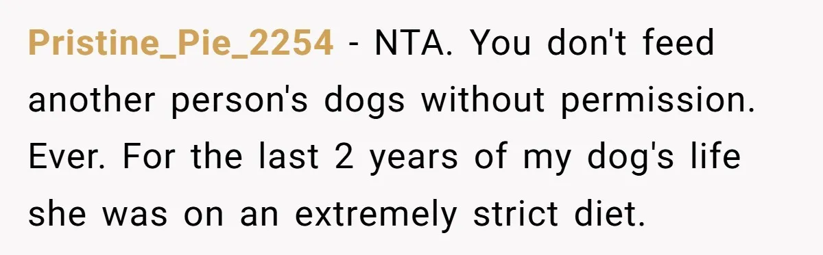 Pristine_Pie_2254 − NTA. You don't feed another person's dogs without permission. Ever. For the last 2 years of my dog's life she was on an extremely strict diet.