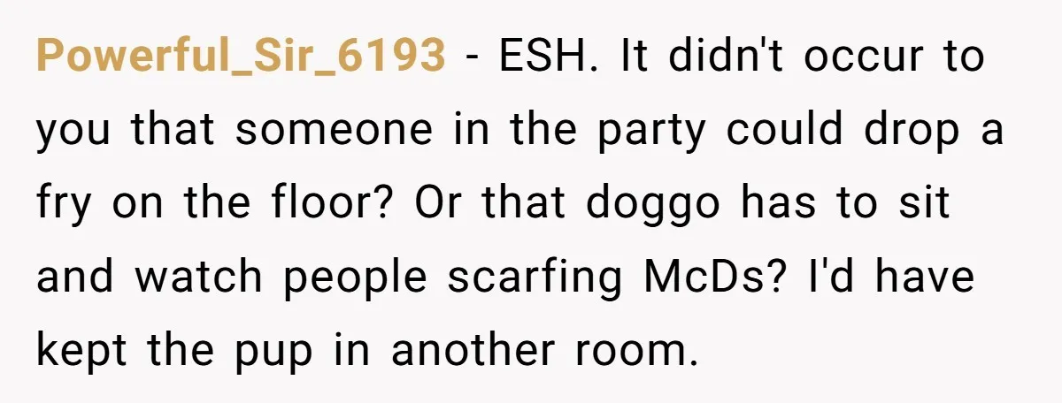 Powerful_Sir_6193 − ESH. It didn't occur to you that someone in the party could drop a fry on the floor? Or that doggo has to sit and watch people scarfing...