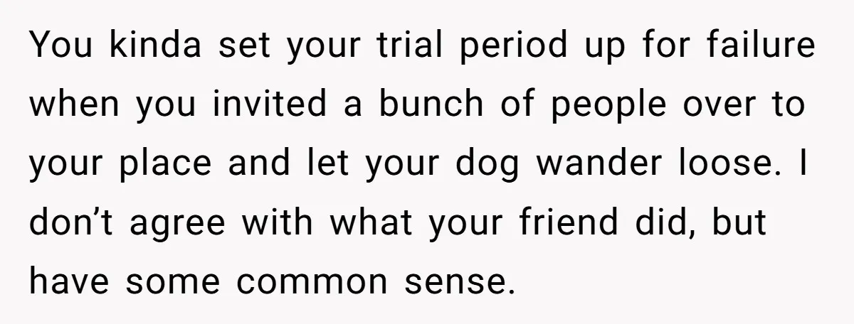 You kinda set your trial period up for failure when you invited a bunch of people over to your place and let your dog wander loose. I don’t agree with...