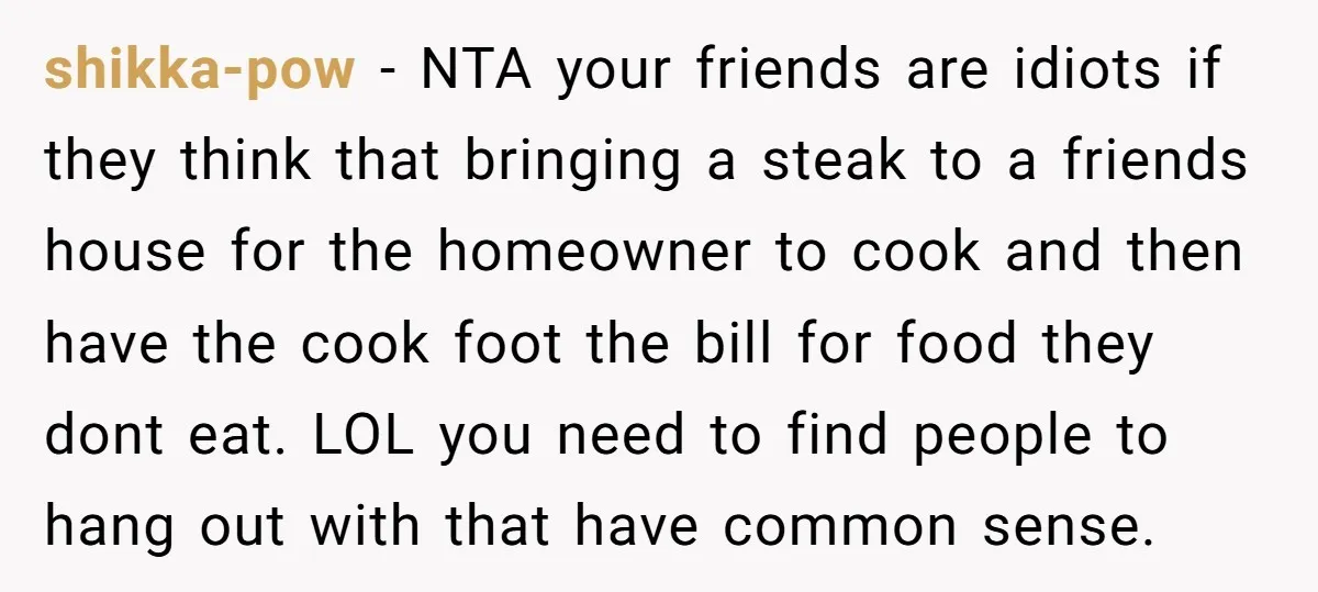 shikka-pow − NTA your friends are idiots if they think that bringing a steak to a friends house for the homeowner to cook and then have the cook foot the...