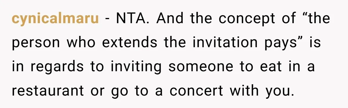 cynicalmaru − NTA. And the concept of “the person who extends the invitation pays” is in regards to inviting someone to eat in a restaurant or go to a concert...