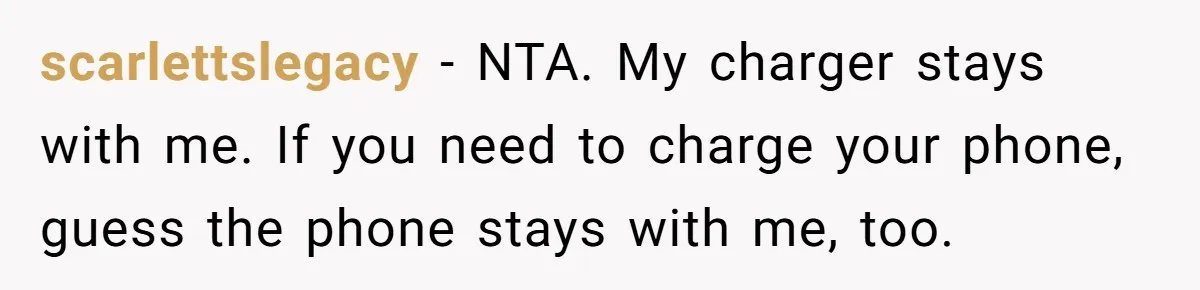 scarlettslegacy − NTA. My charger stays with me. If you need to charge your phone, guess the phone stays with me, too.
