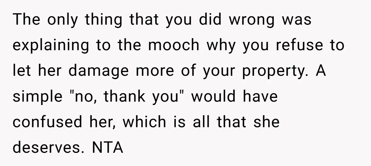 The only thing that you did wrong was explaining to the mooch why you refuse to let her damage more of your property. A simple "no, thank you" would have...