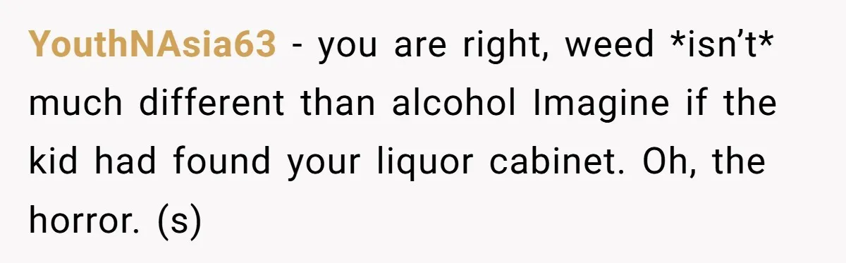 YouthNAsia63 − you are right, weed *isn’t* much different than alcohol Imagine if the kid had found your liquor cabinet. Oh, the horror. (s)