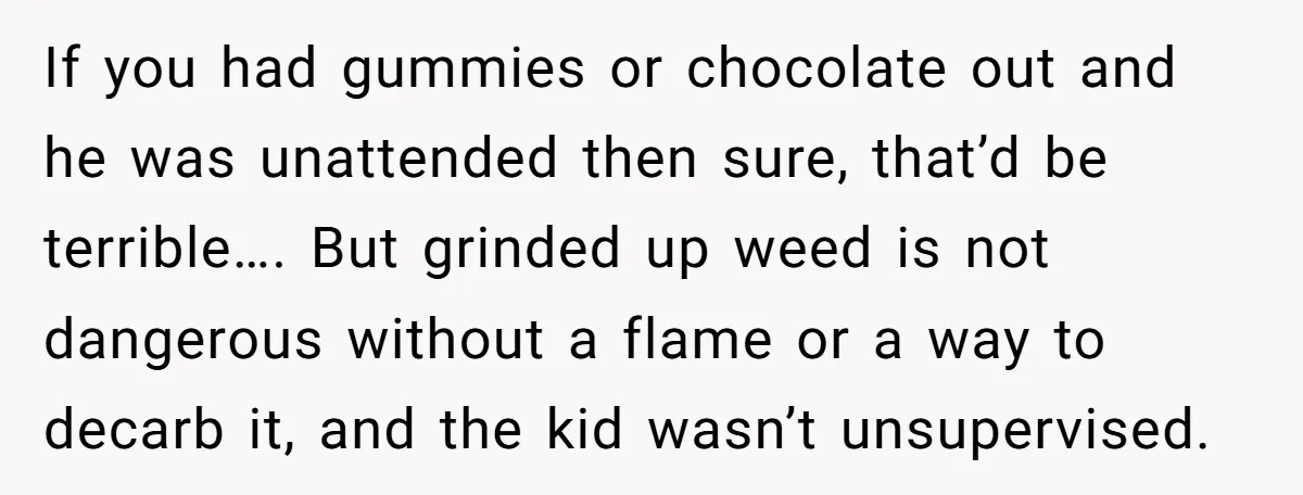 If you had gummies or chocolate out and he was unattended then sure, that’d be terrible…. But grinded up weed is not dangerous without a flame or a way to...