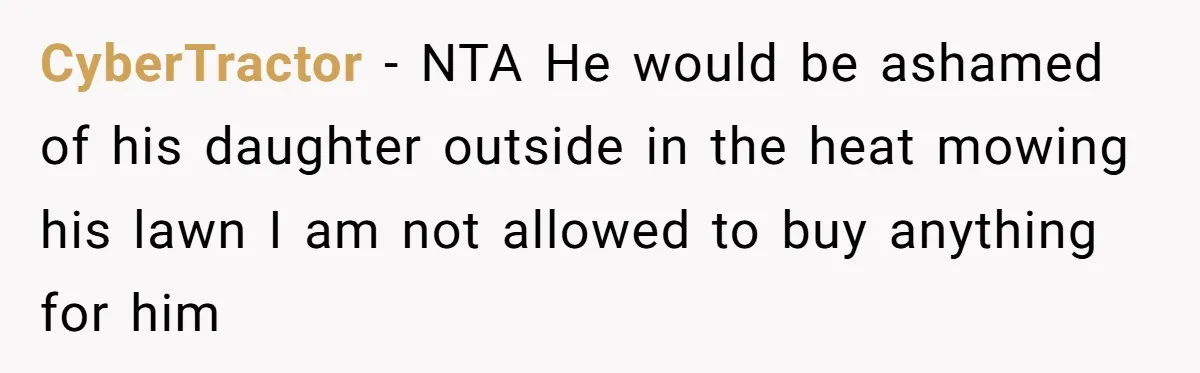 CyberTractor − NTA He would be ashamed of his daughter outside in the heat mowing his lawn I am not allowed to buy anything for him