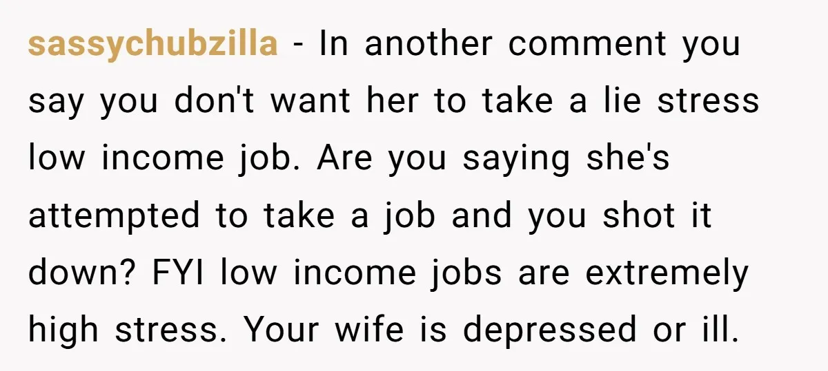 sassychubzilla − In another comment you say you don't want her to take a lie stress low income job. Are you saying she's attempted to take a job and you...