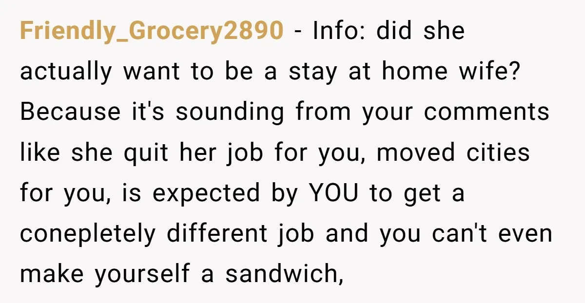 Friendly_Grocery2890 − Info: did she actually want to be a stay at home wife? Because it's sounding from your comments like she quit her job for you, moved cities for...