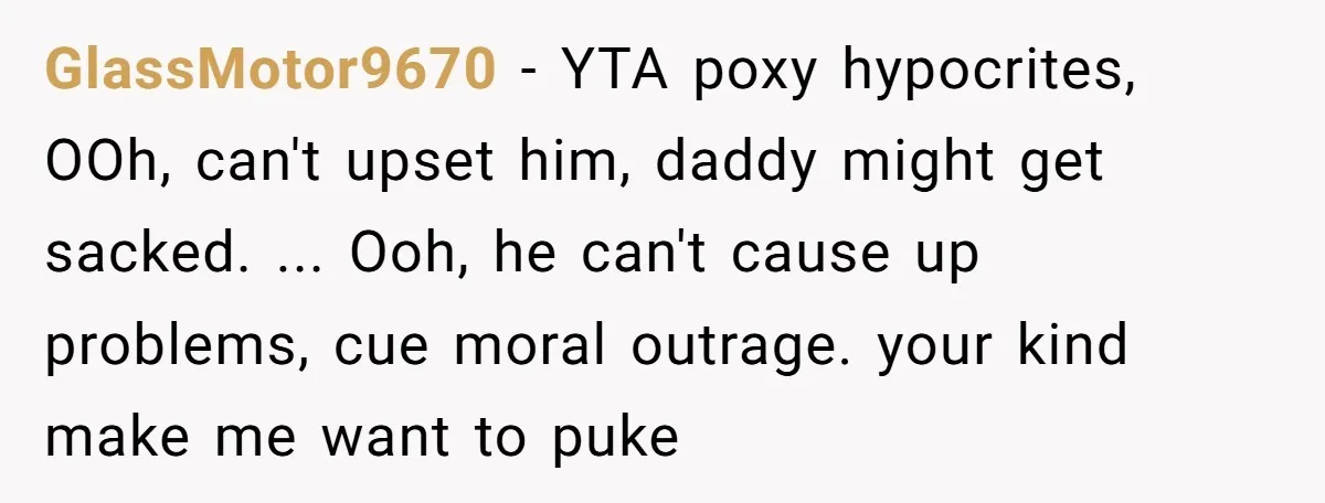 GlassMotor9670 − YTA poxy hypocrites, OOh, can't upset him, daddy might get sacked. ... Ooh, he can't cause up problems, cue moral outrage. your kind make me want to puke