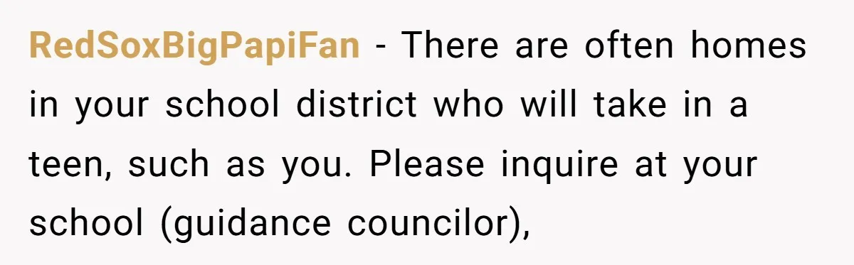 RedSoxBigPapiFan − There are often homes in your school district who will take in a teen, such as you. Please inquire at your school (guidance councilor),
