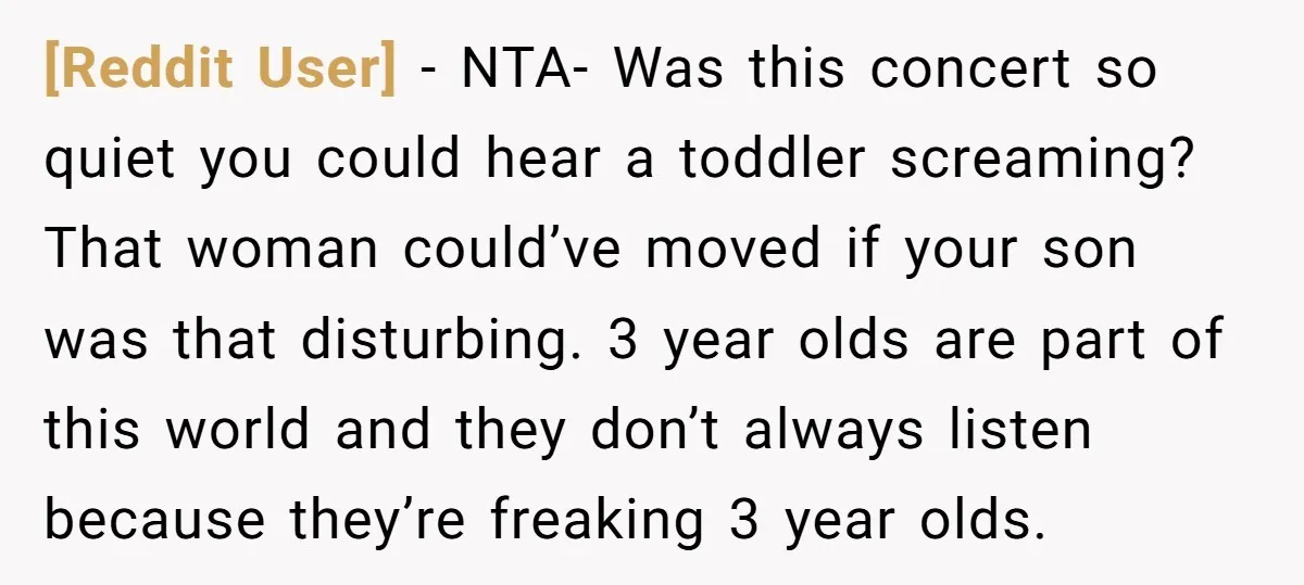 [Reddit User] − NTA- Was this concert so quiet you could hear a toddler screaming? That woman could’ve moved if your son was that disturbing. 3 year olds are part...