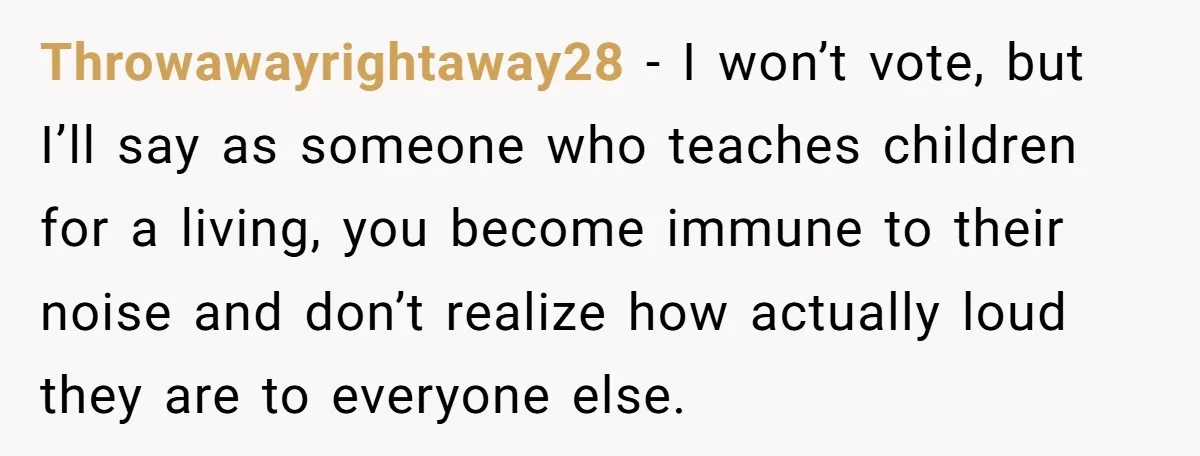 Throwawayrightaway28 − I won’t vote, but I’ll say as someone who teaches children for a living, you become immune to their noise and don’t realize how actually loud they are...