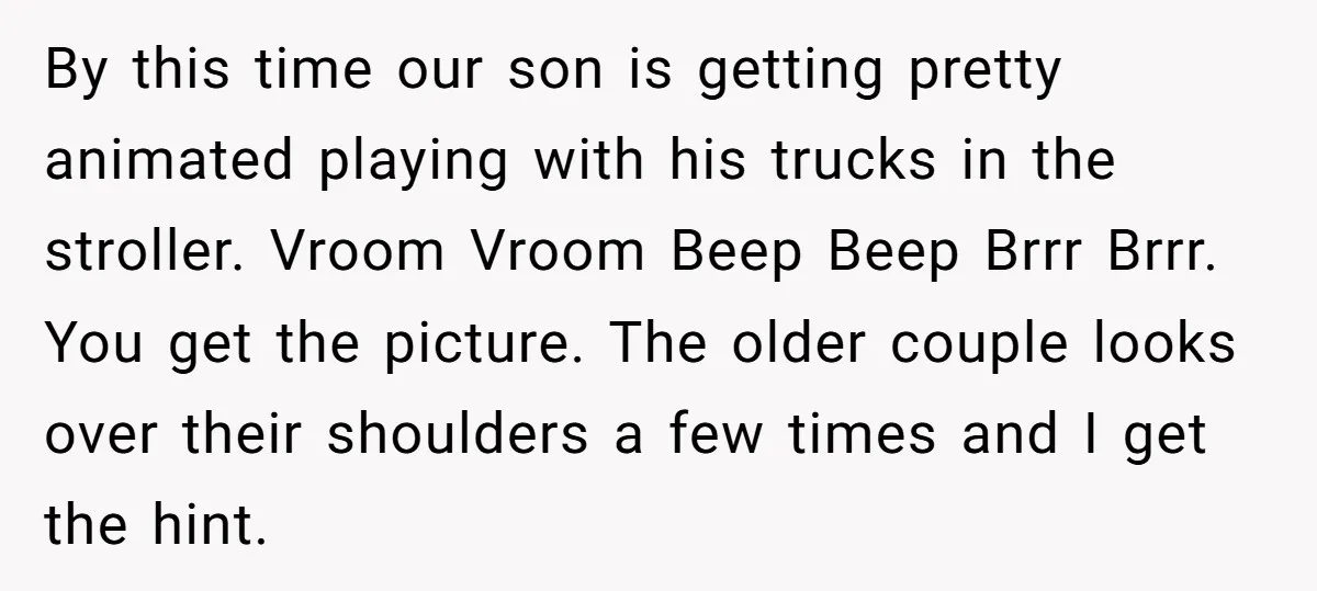 By this time our son is getting pretty animated playing with his trucks in the stroller. Vroom Vroom Beep Beep Brrr Brrr. You get the picture. The older couple looks...