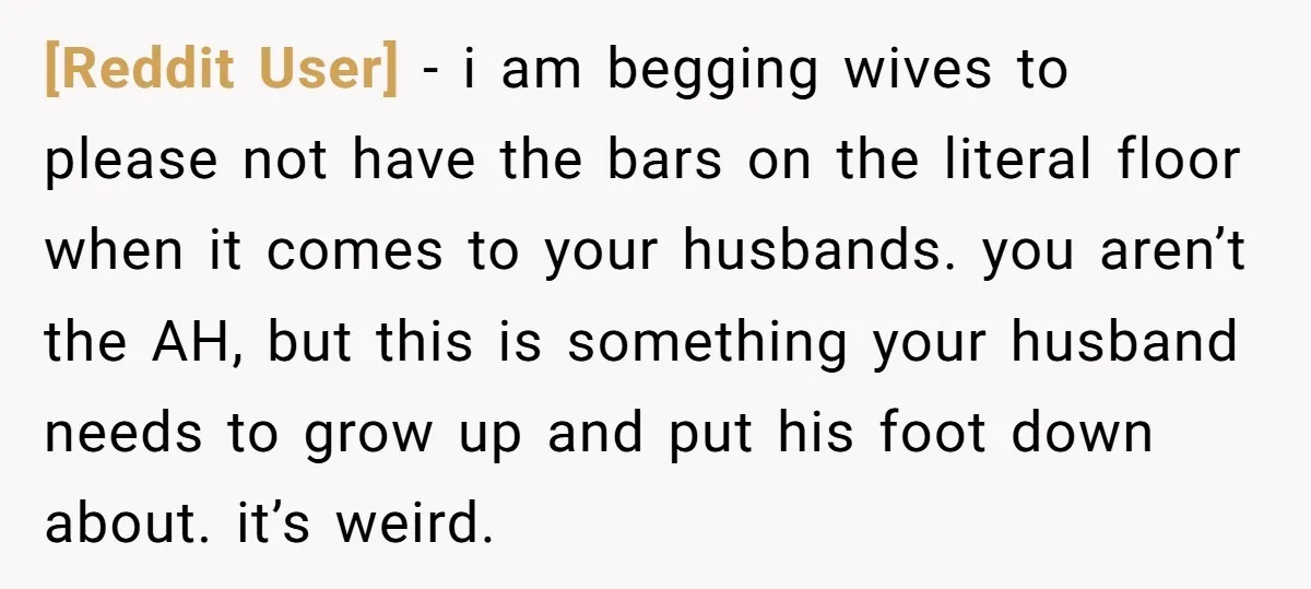 [Reddit User] − i am begging wives to please not have the bars on the literal floor when it comes to your husbands. you aren’t the AH, but this is...