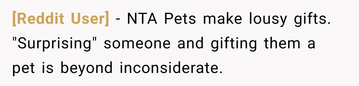[Reddit User] − NTA Pets make lousy gifts. "Surprising" someone and gifting them a pet is beyond inconsiderate.
