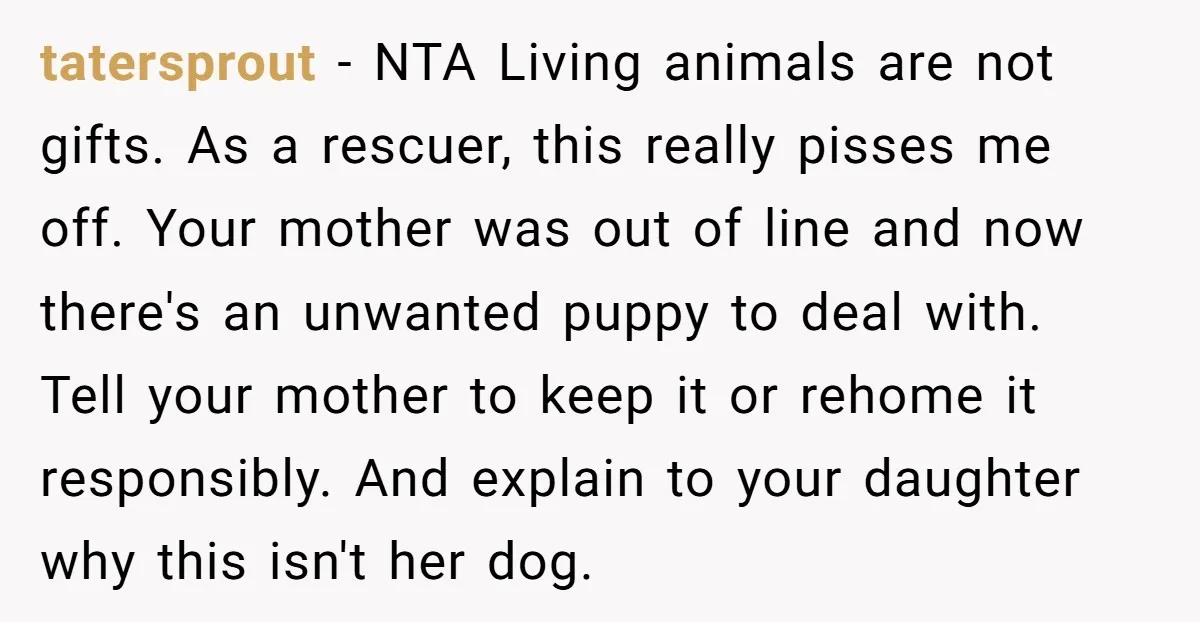 tatersprout − NTA Living animals are not gifts. As a rescuer, this really pisses me off. Your mother was out of line and now there's an unwanted puppy to deal...