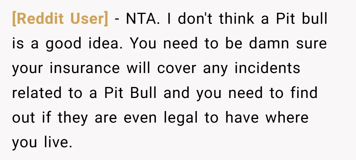 [Reddit User] − NTA. I don't think a Pit bull is a good idea. You need to be damn sure your insurance will cover any incidents related to a Pit...