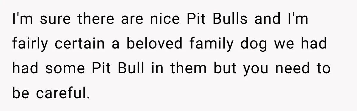I'm sure there are nice Pit Bulls and I'm fairly certain a beloved family dog we had had some Pit Bull in them but you need to be careful.