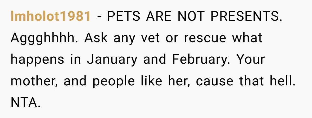 lmholot1981 − PETS ARE NOT PRESENTS. Aggghhhh. Ask any vet or rescue what happens in January and February. Your mother, and people like her, cause that hell. NTA.