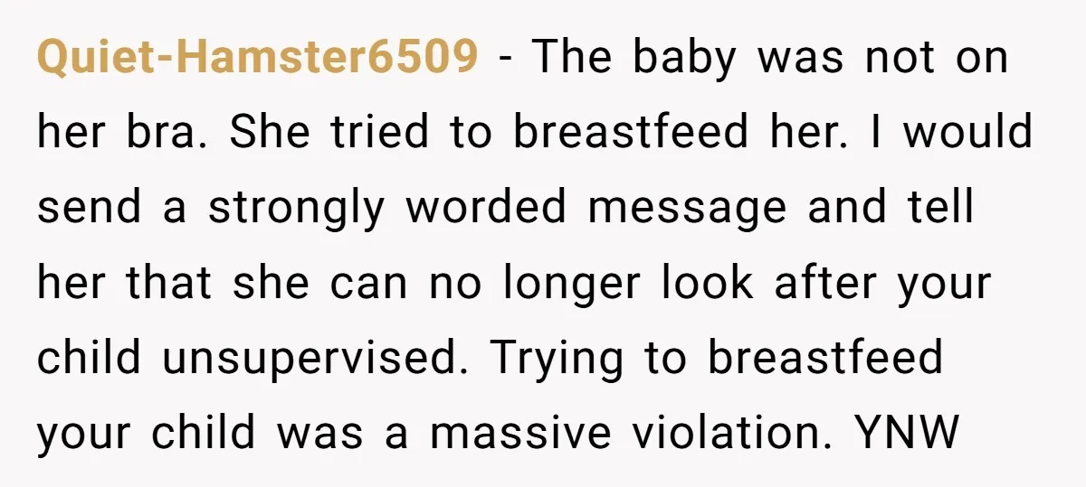 Quiet-Hamster6509 − The baby was not on her bra. She tried to breastfeed her. I would send a strongly worded message and tell her that she can no longer look...