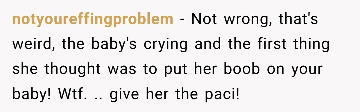 notyoureffingproblem − Not wrong, that's weird, the baby's crying and the first thing she thought was to put her boob on your baby! Wtf. .. give her the paci!