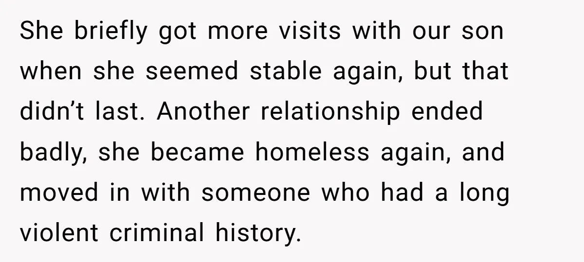 She briefly got more visits with our son when she seemed stable again, but that didn’t last. Another relationship ended badly, she became homeless again, and moved in with someone...