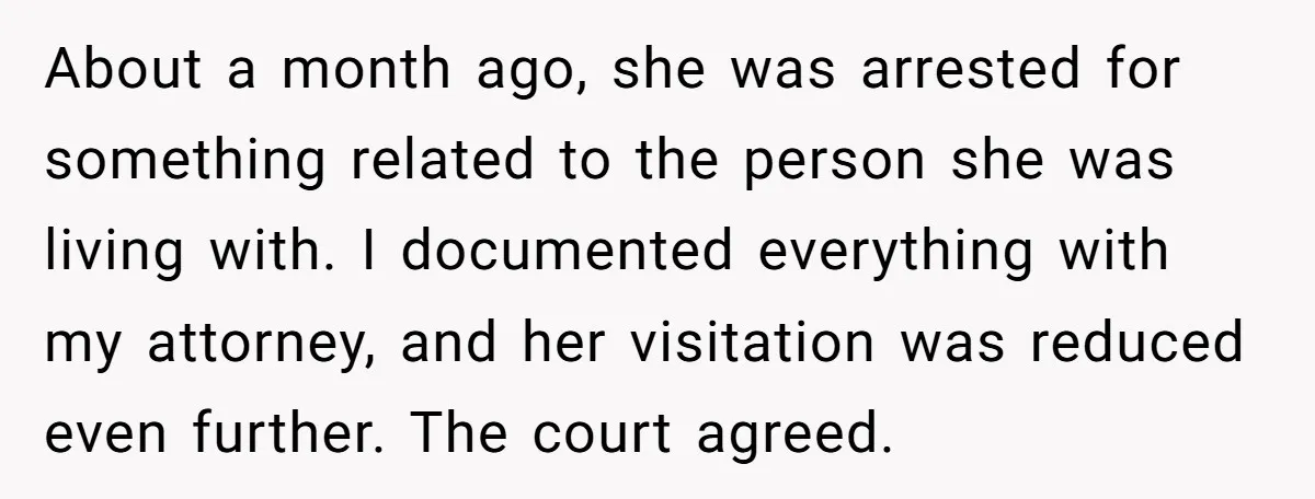 About a month ago, she was arrested for something related to the person she was living with. I documented everything with my attorney, and her visitation was reduced even further....