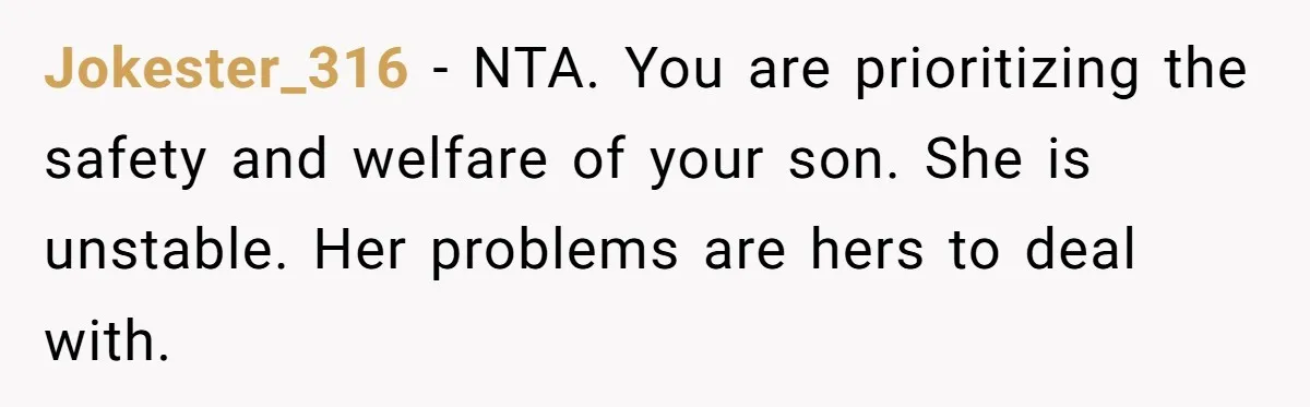 Jokester_316 − NTA. You are prioritizing the safety and welfare of your son. She is unstable. Her problems are hers to deal with.