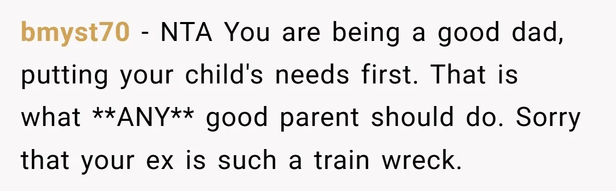 bmyst70 − NTA You are being a good dad, putting your child's needs first. That is what **ANY** good parent should do. Sorry that your ex is such a train...