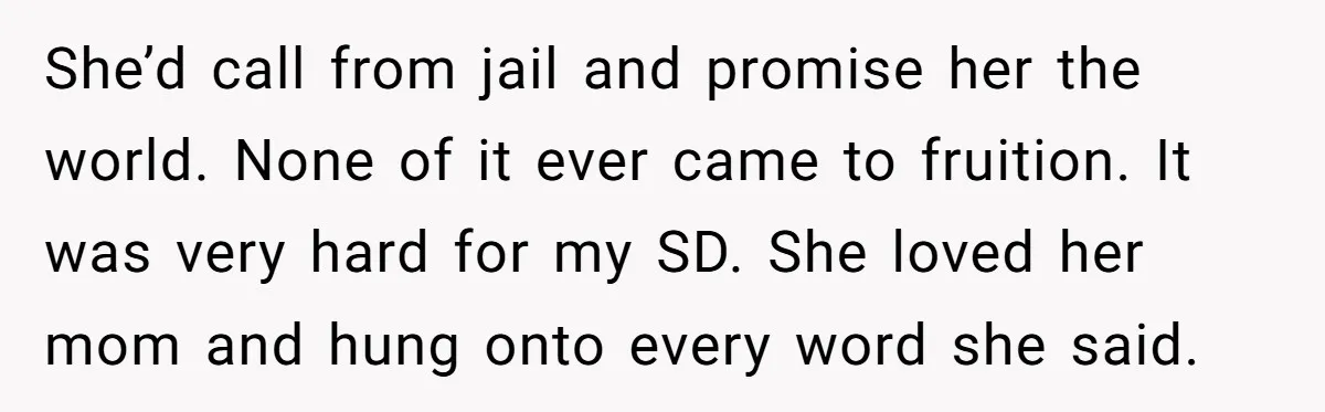She’d call from jail and promise her the world. None of it ever came to fruition. It was very hard for my SD. She loved her mom and hung onto...