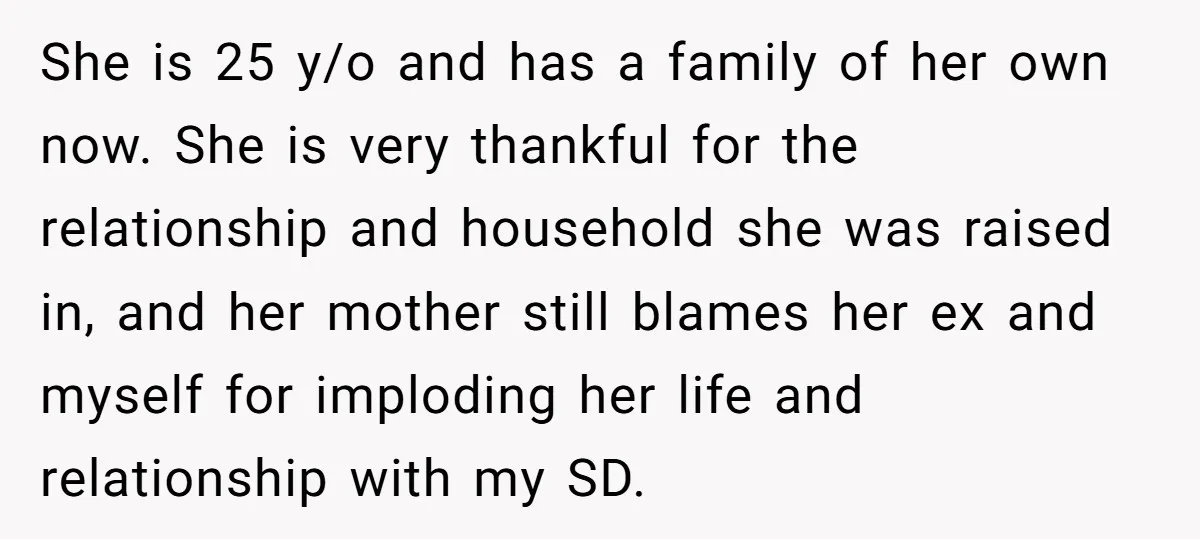 She is 25 y/o and has a family of her own now. She is very thankful for the relationship and household she was raised in, and her mother still blames...