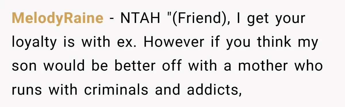 MelodyRaine − NTAH "(Friend), I get your loyalty is with ex. However if you think my son would be better off with a mother who runs with criminals and addicts,