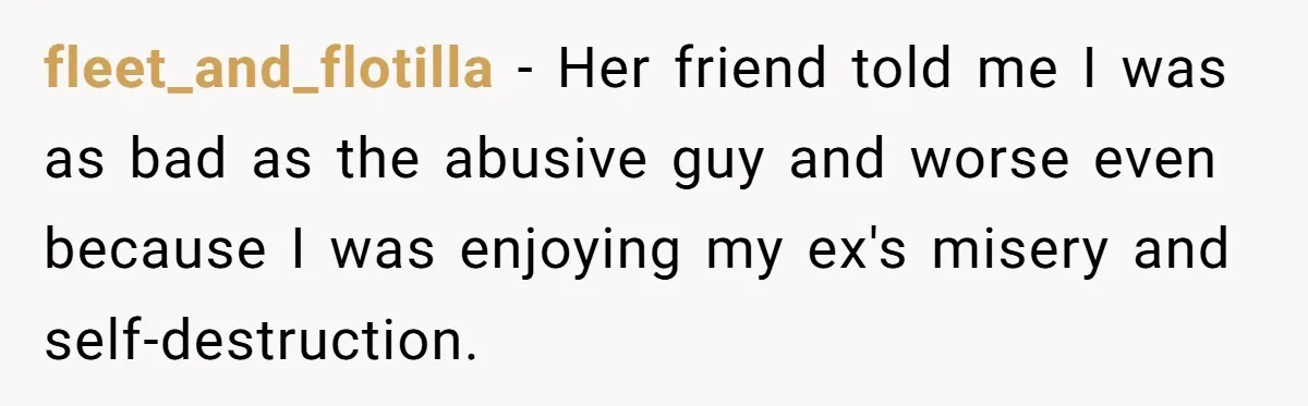 fleet_and_flotilla − Her friend told me I was as bad as the abusive guy and worse even because I was enjoying my ex's misery and self-destruction.