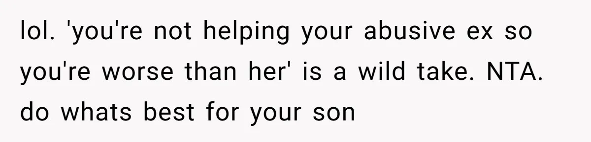 lol. 'you're not helping your abusive ex so you're worse than her' is a wild take. NTA. do whats best for your son