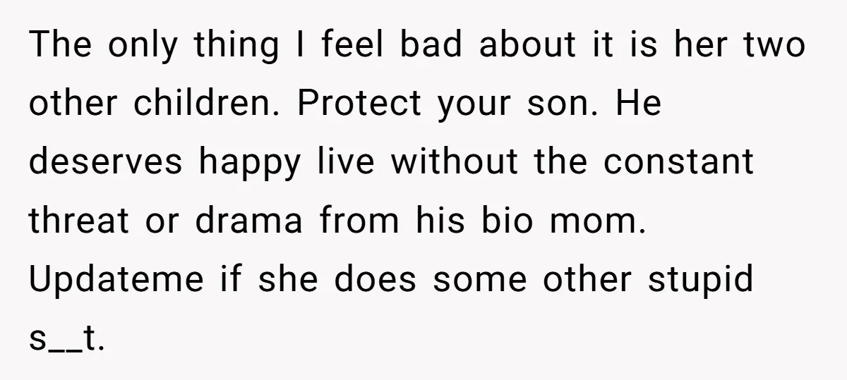 The only thing I feel bad about it is her two other children. Protect your son. He deserves happy live without the constant threat or drama from his bio mom....