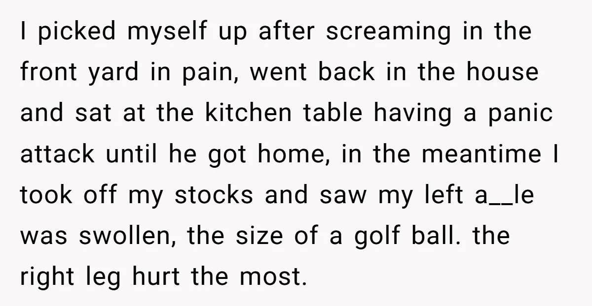 I picked myself up after screaming in the front yard in pain, went back in the house and sat at the kitchen table having a panic attack until he got...