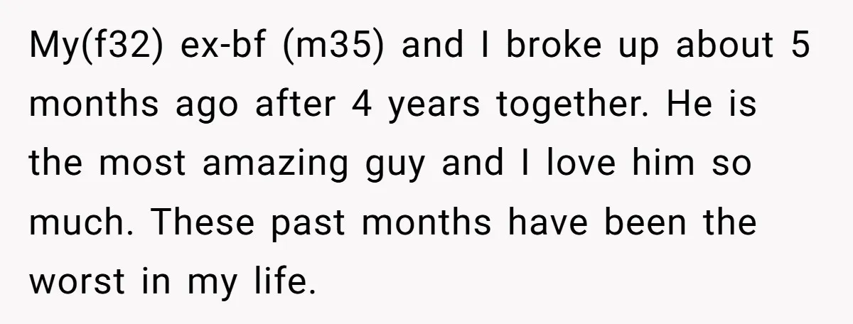 My(f32) ex-bf (m35) and I broke up about 5 months ago after 4 years together. He is the most amazing guy and I love him so much. These past months...