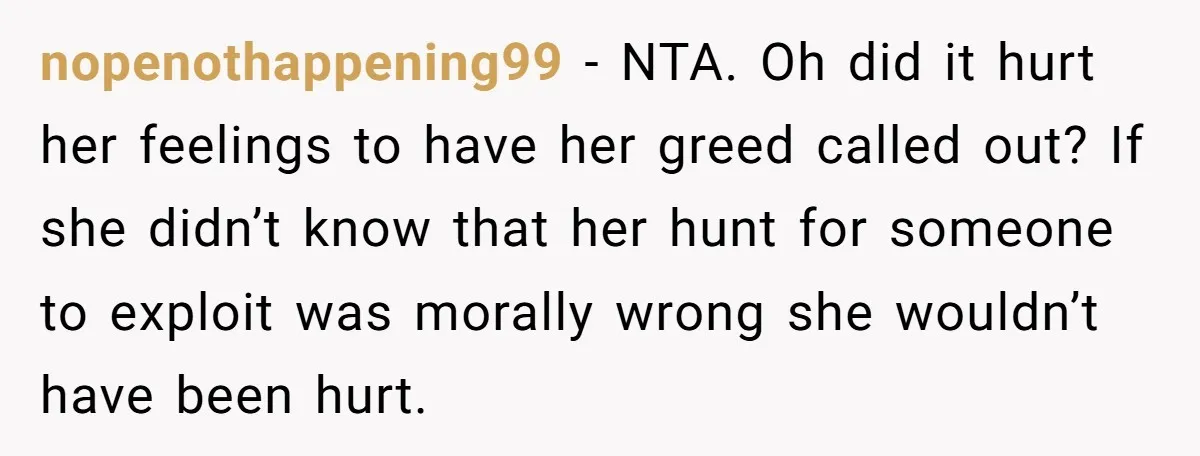 nopenothappening99 − NTA. Oh did it hurt her feelings to have her greed called out? If she didn’t know that her hunt for someone to exploit was morally wrong she...
