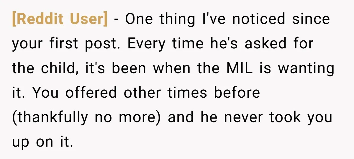 [Reddit User] − One thing I've noticed since your first post. Every time he's asked for the child, it's been when the MIL is wanting it. You offered other times...