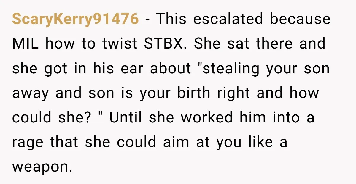 ScaryKerry91476 − This escalated because MIL how to twist STBX. She sat there and she got in his ear about "stealing your son away and son is your birth right...