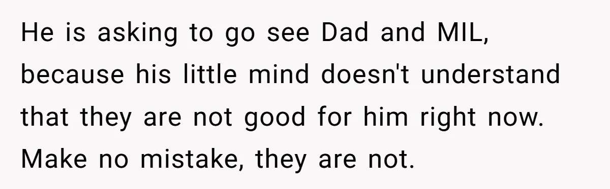 He is asking to go see Dad and MIL, because his little mind doesn't understand that they are not good for him right now. Make no mistake, they are not.